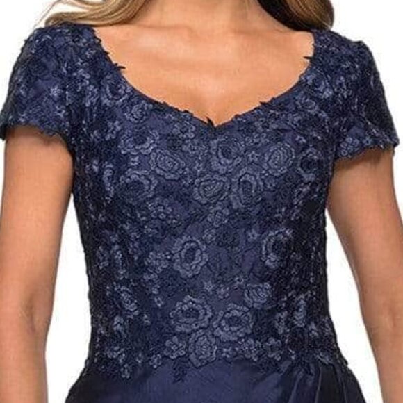 NWT La Femme 27033SC Stretch Satin Mother of the Bride Dress Navy Blue size 6 - Picture 3 of 9